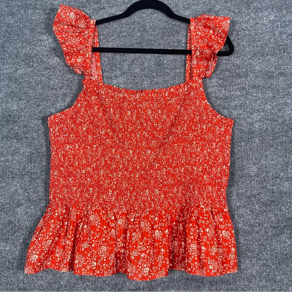 Madewell Women’s 18W Red Orange Floral Lucie Smocked Peplum Ruffle Tank Top‎